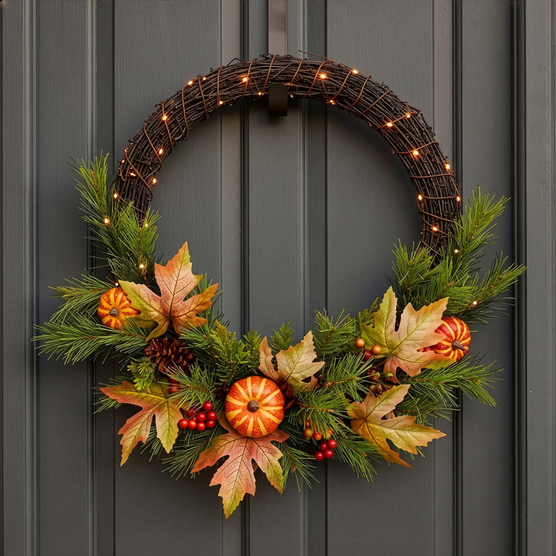 RUSTIC FOREST - 26" Autumn Wreath with 75 Warm White LED Microbulbs  