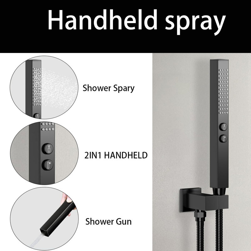 12+ 8" Ceiling Mount Rain Shower And 2 In 1 Handhled, Push Button 3 Modes Valve Complete Shower Set, Matte Black