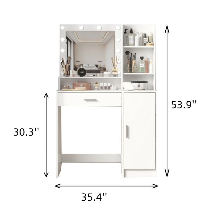 Commode à 3 niveaux avec miroir et bande lumineuse à DEL et grands tiroirs pour la chambre à coucher, Blanc
