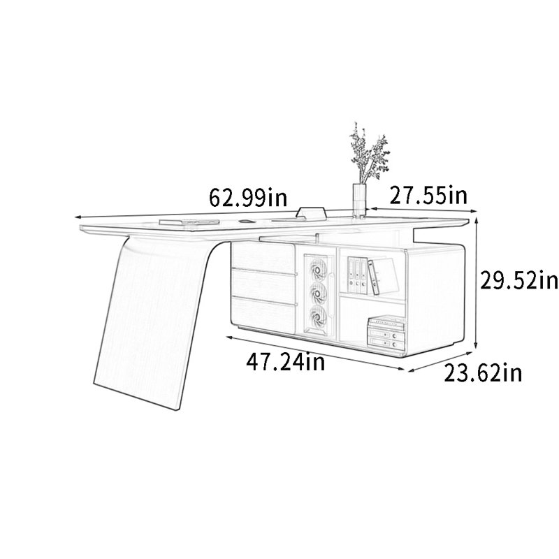 Bureau en bois avec grand rangement dissimulé, H 29,52 po x l 62,99 po x P 27,55 po
