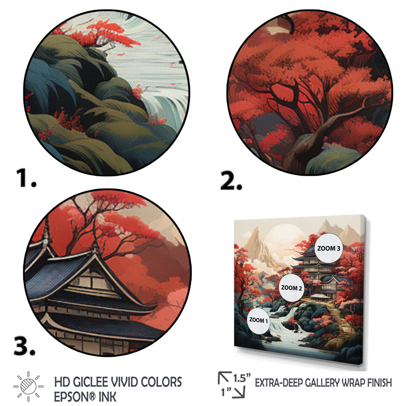Art asiatique, paysage sur toile, H 44 po x l 44 po, Cadre flottant doré