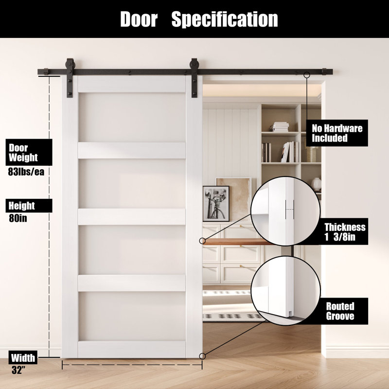 Porte de grange non assemblée et fini en verre à 4 verres de 32 po x 80 po Homacer, 32" x 80"