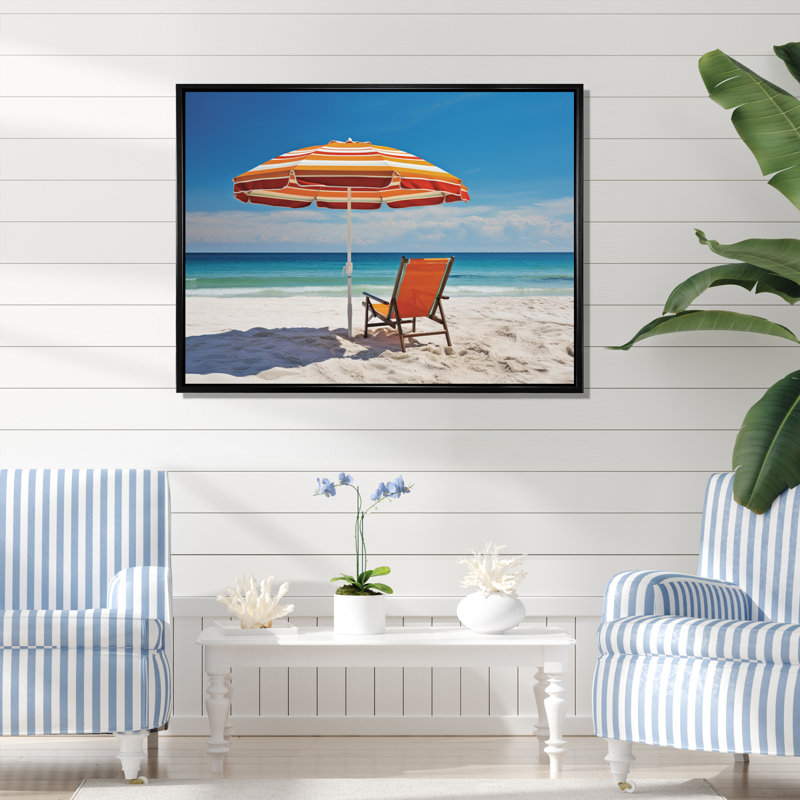 «Alescia Orange Beach Chairs II», reproduction sur toile, Cadre flottant noir, H 30 po x l 40 po x P 1,5 po