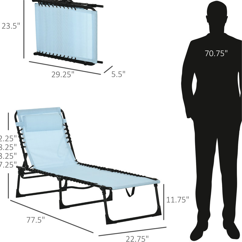 Chaise de bronzage pliante par - 4 positions, coussin, siège respirant en filet et élastiqué, méridienne de patio bleu avec 4 chaises, filet, bleu, largeur 22,8 po