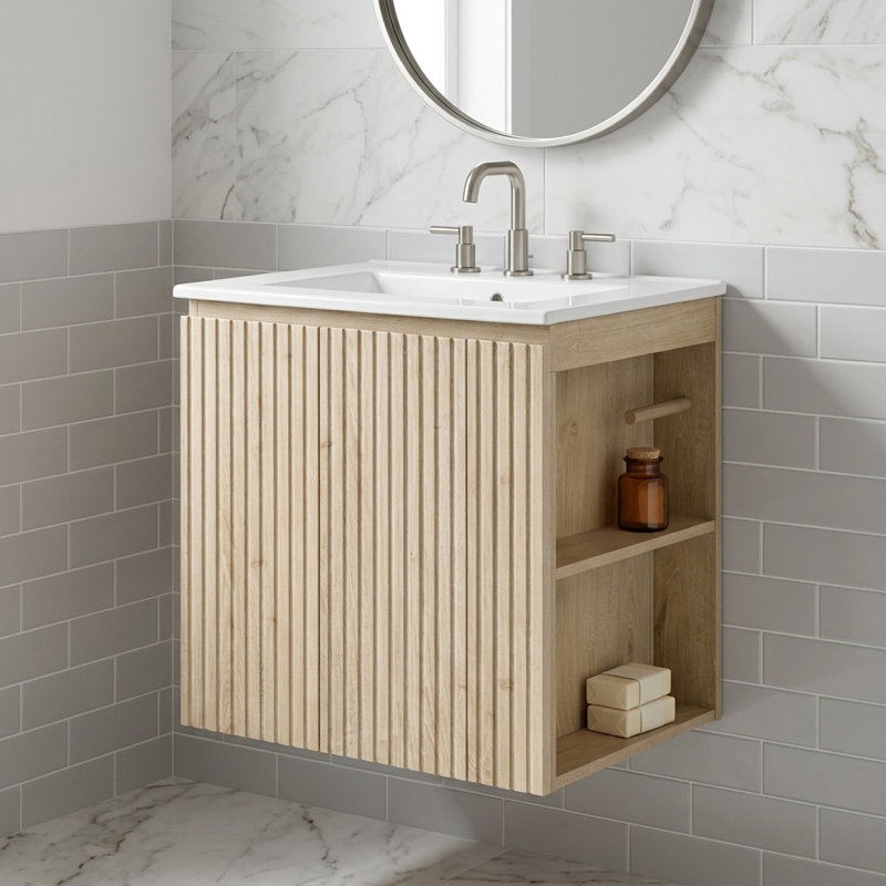 Meuble-lavabo simple 24 po avec lavabo en céramique, meuble-lavabo avec tablette réglable et tablettes latérales ouvertes