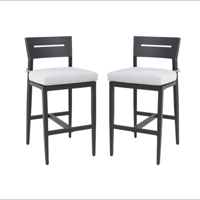 Modern Outdoor 2PC Bar Stools, Aluminum Patio Bar Chair With Ergonomic Backrest, Tapered Legs, Footrest, Ember Black, Sunbrella Cushion, Weather-Resistant, For Garden, Poolside, And Kitchen Island