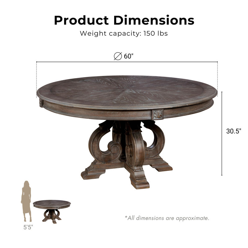 Marblewood 60'' Round Dining Table with Carved Pedestal Base, Natural Wood/Rustic Natural