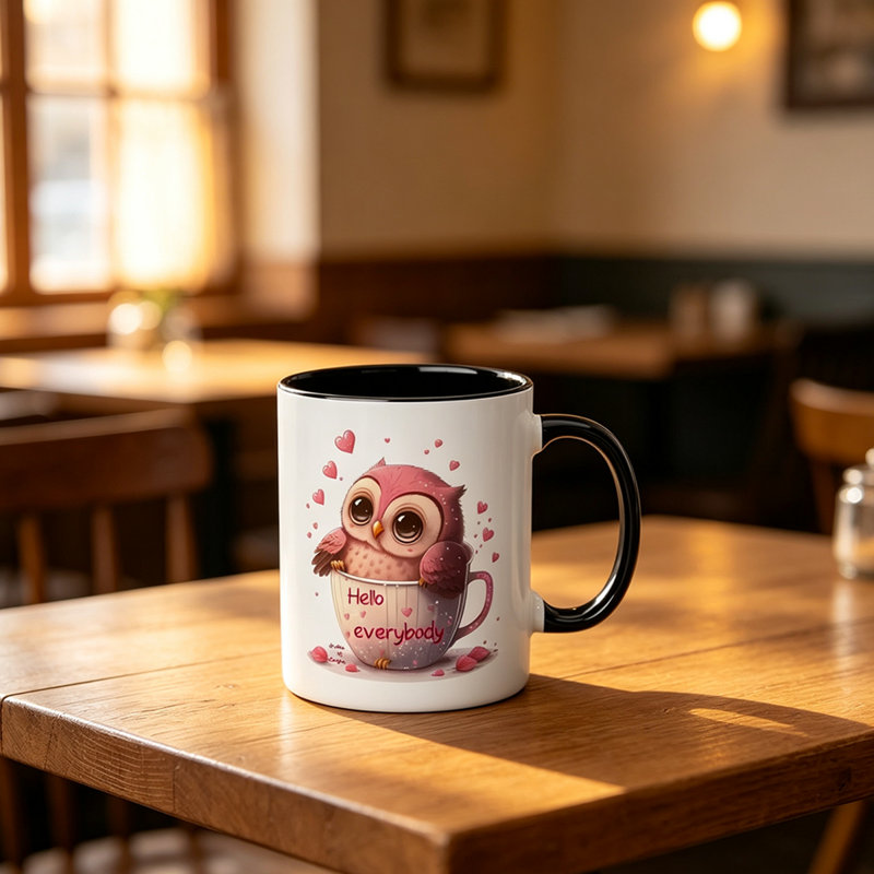 Cute Owl Ceramic Coffee Mug with "Hello Everybody" Design - Pink Tea Cup with Double-Sided Animal Print, Perfect Gift for Birthdays.