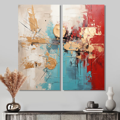 Collage majestueux doré et rouge - Collages abstraits sur toile, 2 panneaux