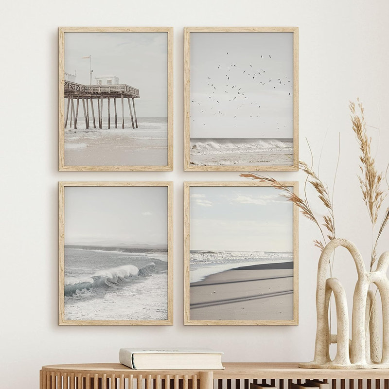 «California Ocean Beach Seashore Pier», reproduction encadrée de 4 pièces, H 14 po x l 11 po x P 1 po, Encadré naturel