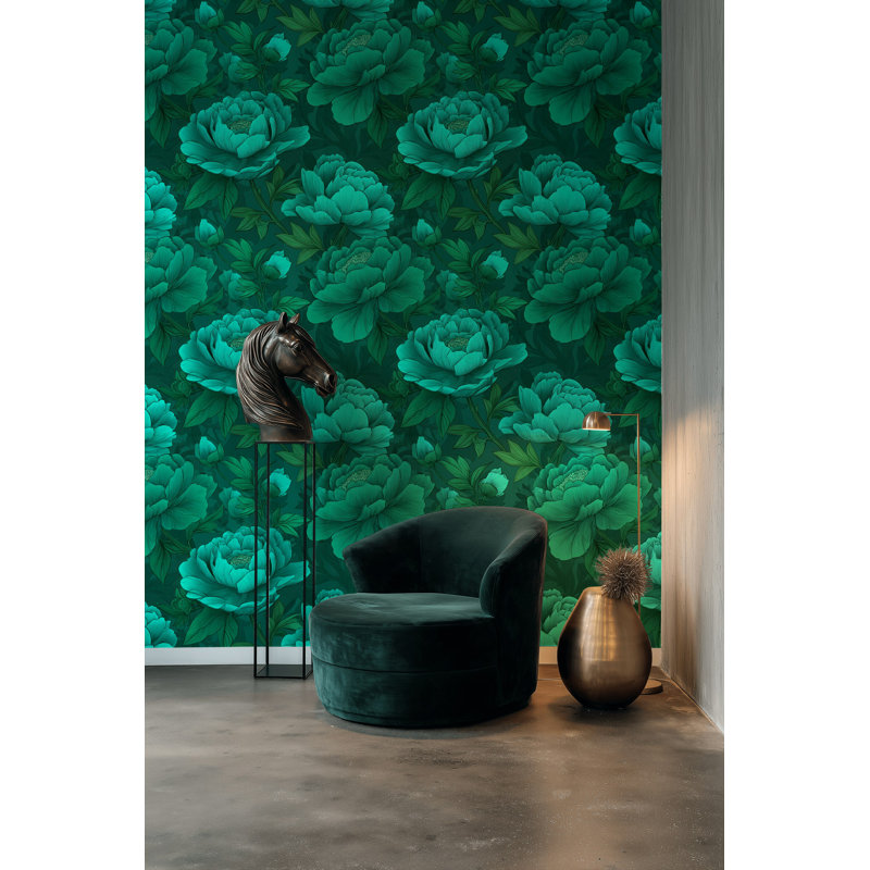 Papier peint floral, sarcelle, décoration murale vibrante