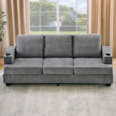Canapé d'angle moderne 3 places en chenille de 226 cm (89 po) avec assise profonde et confort optimal, porte-gobelets intégrés et rangement latéral. Offert en beige ou gris.