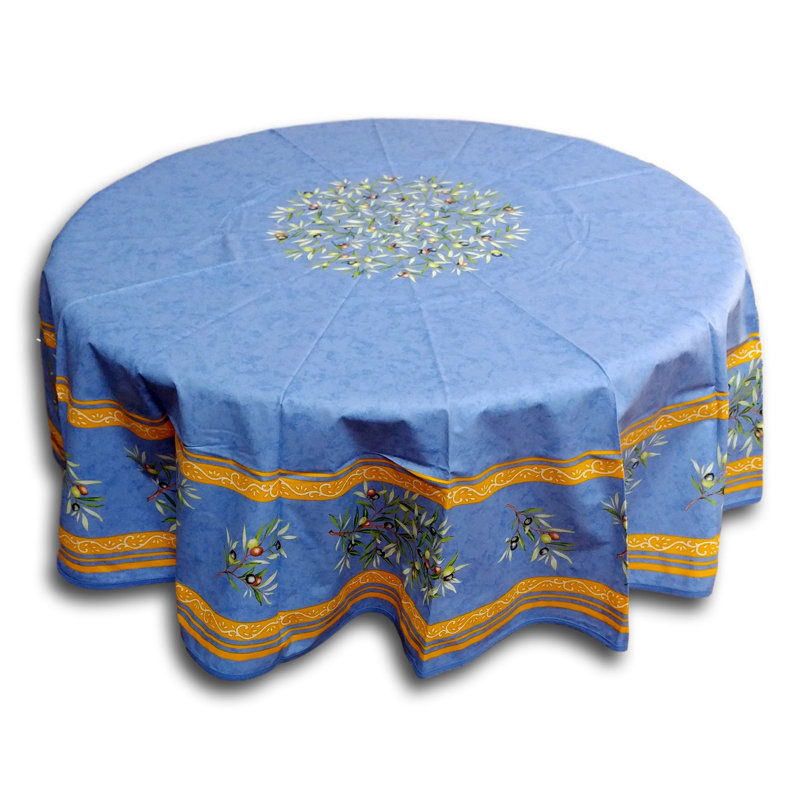 Wipeable Stain Resistant Acrylic Coated Cotton Provencal Olives Floral Round Tablecloth Collection, Blue