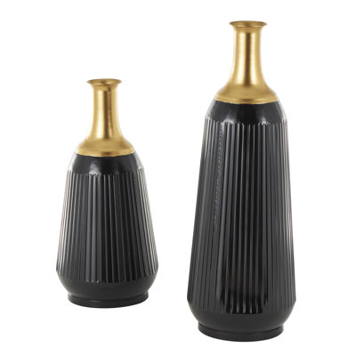 Mishler Metal Tall Ribbed Decorative Black Vase with Gold Tops Set