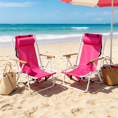 Ensemble de 2 chaises longues pliantes rose vif, fauteuil de sable inclinable réglable avec accoudoirs en bois, porte-gobelet intégré et appui-tête amovible, chaise de jardin extérieure portable pour la plage, le patio, le camping