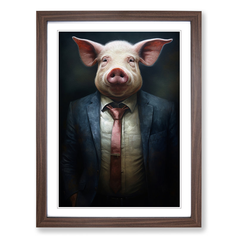 Pig In A Suit Painting No.4 - Single Picture Frame Print on Wood, Walnut, 34" H x 25" W x 2" D