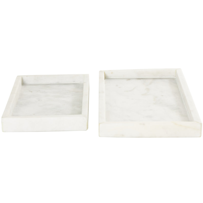 Marble Decor Tray with Raised Border Set, White, 1.2" H x 14.05" W x 7.15" D