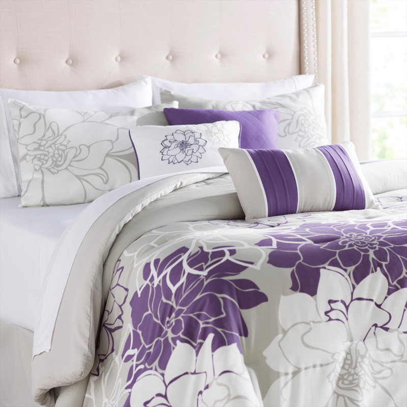 California King Gray and Purple Floral Cotton Comforter Set