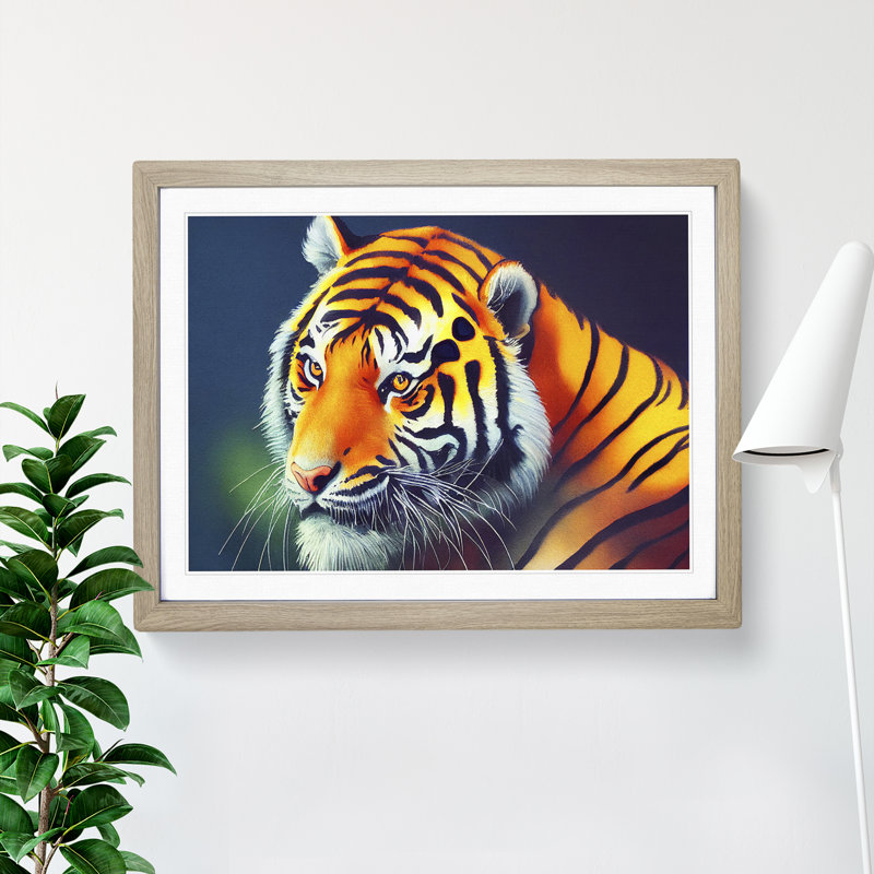 A Watercolour Tiger - Single Picture Frame Painting, 25cm H x 34cm W x 2cm D, Oak Framed