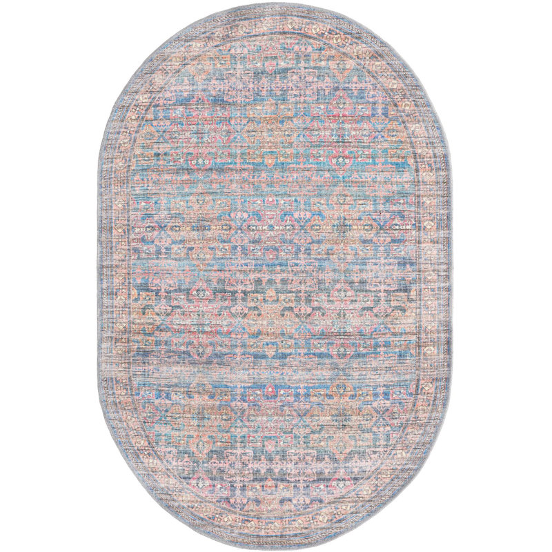 Tapis bleu tissé à la machine Hadsell, Ovale 3 pi 11 po x 6 pi