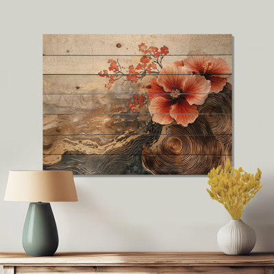 Fleurs d'hibiscus sur un horizon en bois I - Art mural en bois d'hibiscus - sur bois de pin naturel