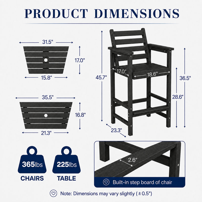 Ensemble de bar de patio avec chaises Adirondack hautes de 2 pièces et plateaux doubles de connexion, en PEHD résistant aux intempéries