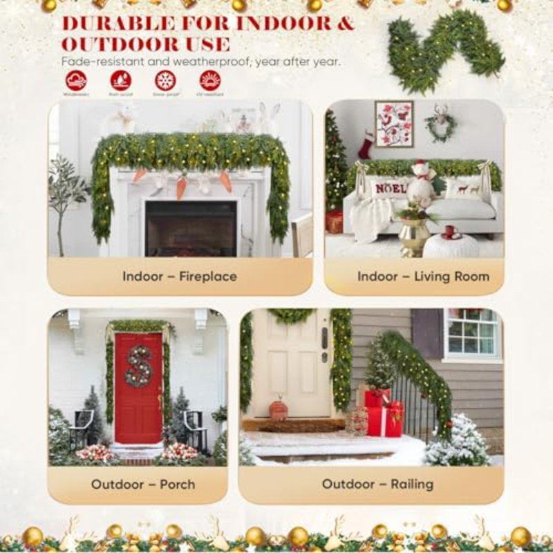 2PCS 9FT Christmas Cedar Garland, Extra Thick Real Touch Faux Greenery Garland with 1200 Branch Tips, Lush Artificial Cypress Pine Garland for Mantel, Staircase, Doorway
