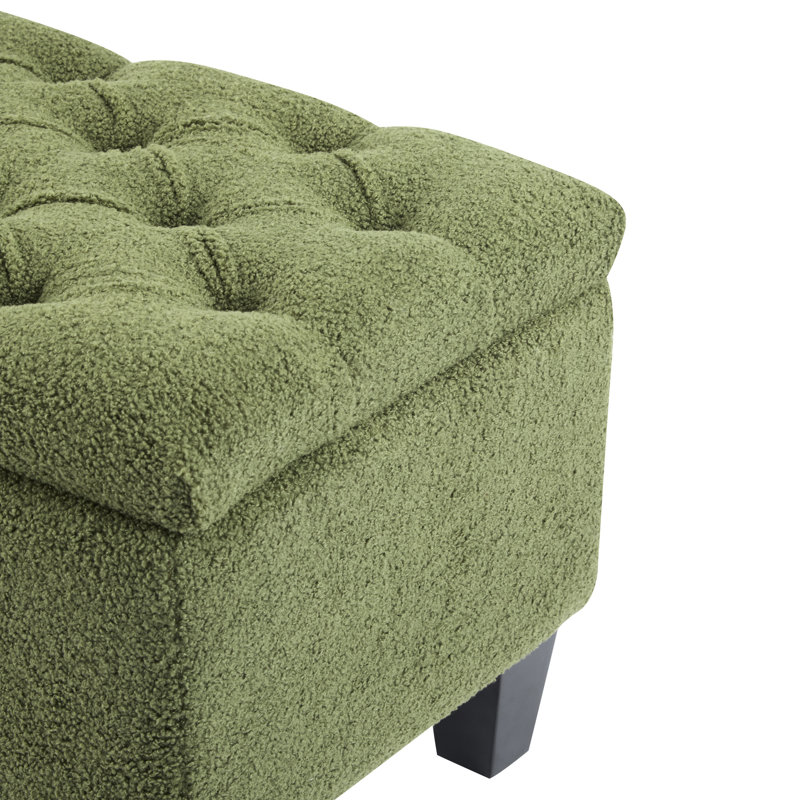 Banc avec revêtement bouclé, espace de rangement, pieds en bois d'hévéa, capacité de 136 kg, capitonnage à boutons et surpiqûres en losange, idéal pour la décoration du salon, 132 cm (L) x 44 cm (l) x 46 cm (H), rangement, support, charnières souples