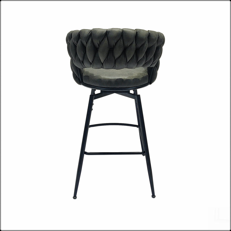 Ensemble de 2 tabourets de bar 28 po en cuir tressé en cuir technique avec pieds noirs, pas d'îlot de cuisine réglable, 360 tabourets de bar pivotants avec repose-pieds à dossier (brun clair)