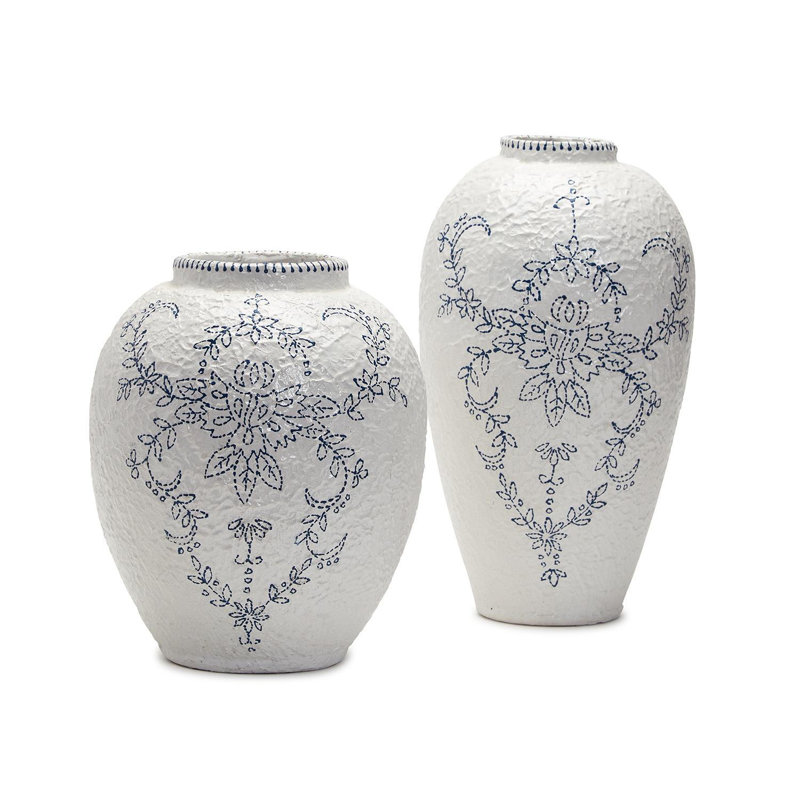 Ensemble de 2 vases Ecomix bleus et blancs décorés à la main