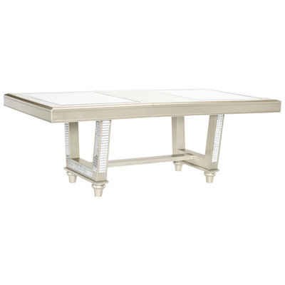 Table de salle à manger en verre avec finition champagne, rallonge séparée, 6 sièges pour un style moderne