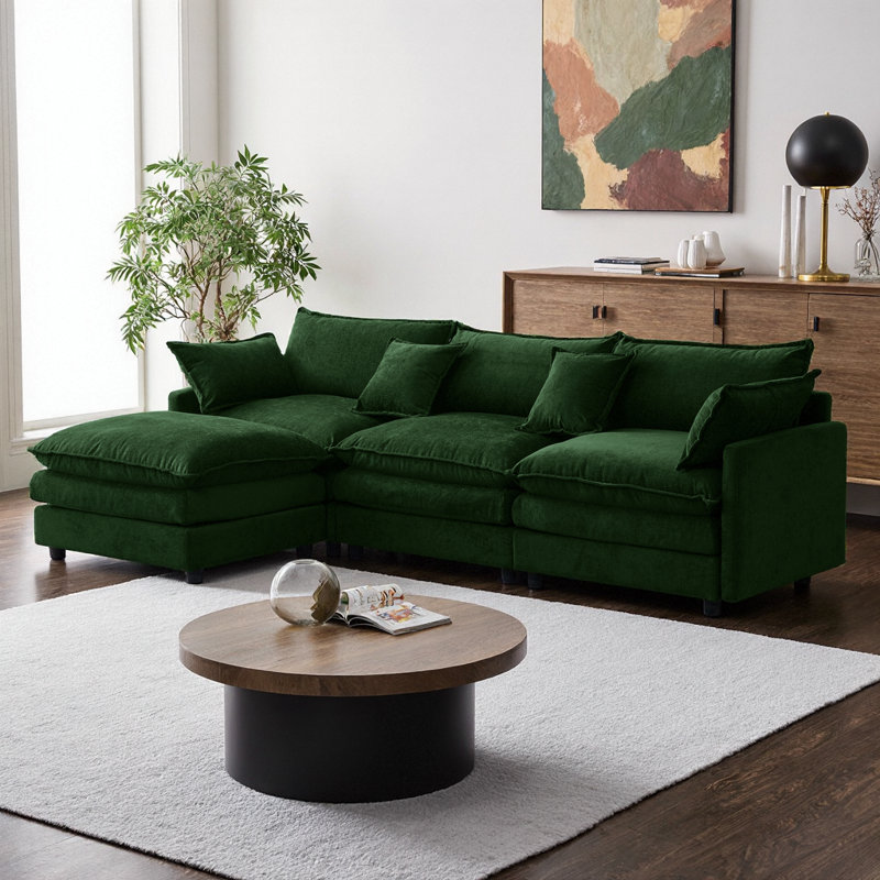 105" Modular Chenille Sectional Sofa 3-Seater L-Shape Couch with Ottoman Beige, Green