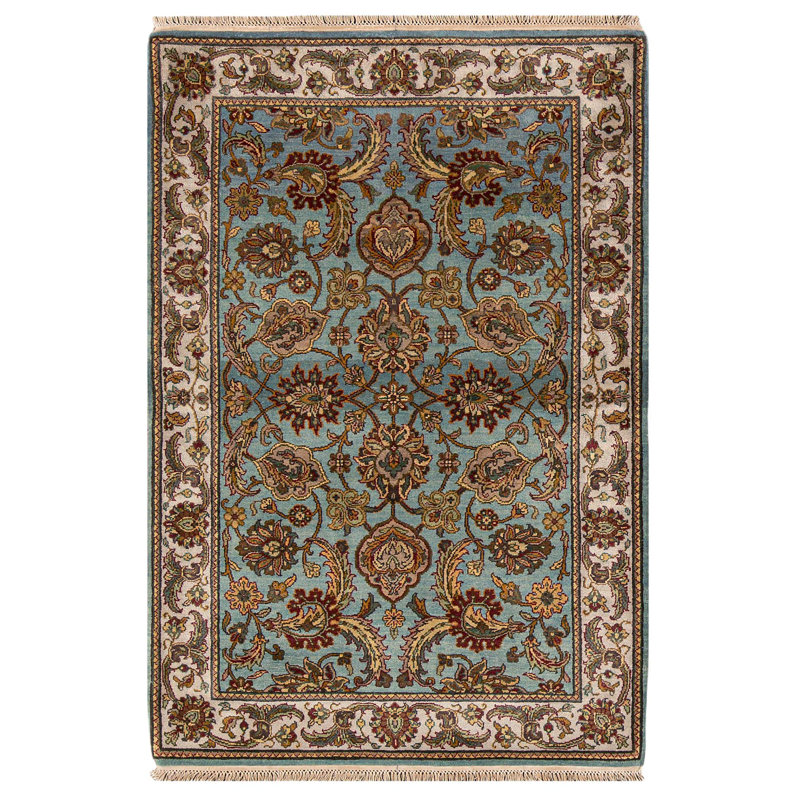 Tapis bleu clair et ivoire noué à la main de haute qualité