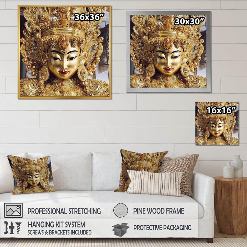 «Golden Hindu Goddess Statue», reproduction sur toile, Cadre flottant blanc, H 36 po x l 36 po x P 1,5 po