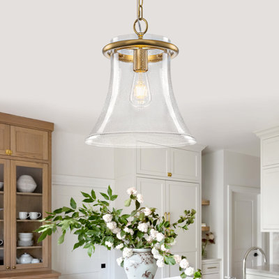 1-Light Matte Brass Bell Pendant Light, Vintage Farmhouse Kitchen Island Pendant with Clear Seeded Crystal Glass Shade