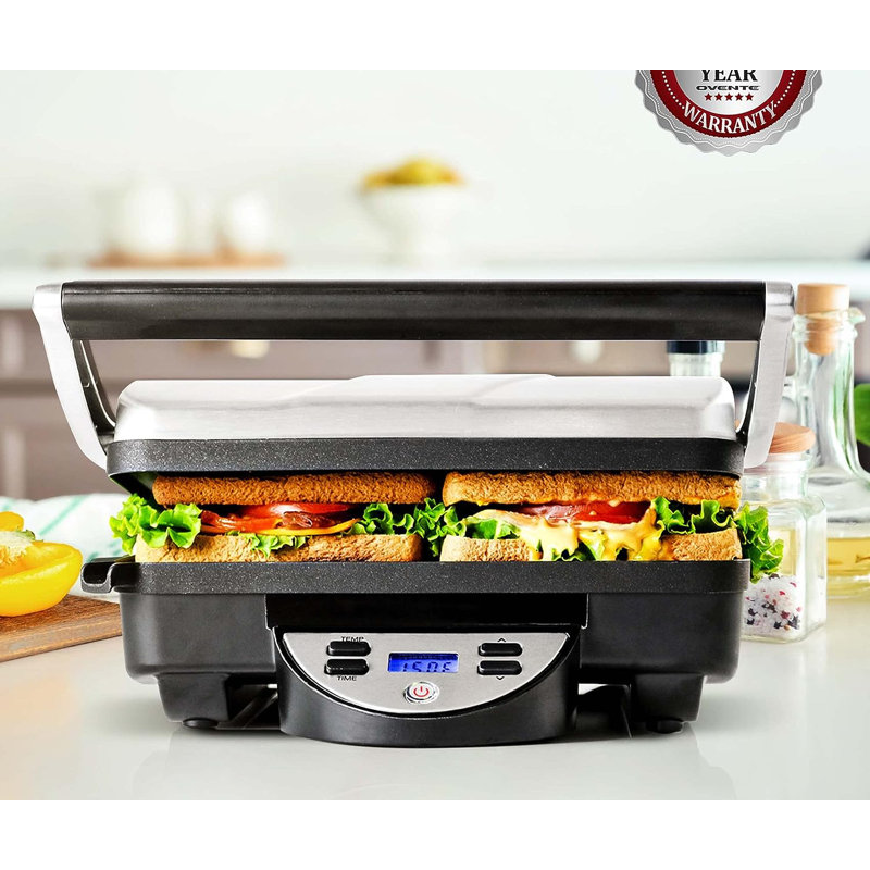 OVENTE Electric Panini Press Sandwich Maker, 1500W Indoor Grill with Nonstick Coated Plates, Digital Temperature and Timer Display, Removable Drip Tray, Perfect for 4-Slice Sandwiches, Silver GP1000BR