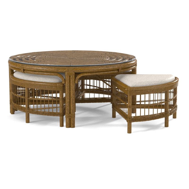 Raffles Rattan Cocktail Table with Benches, Havana, Snow Crypton Performance; 0884-91