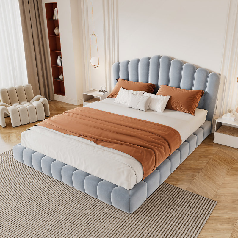 Velvet Upholstered Queen Bed Floor Bed Frame Shell-Shaped Headboard For Bedroom,No Box Spring Needed,Light Blue, Light Blue