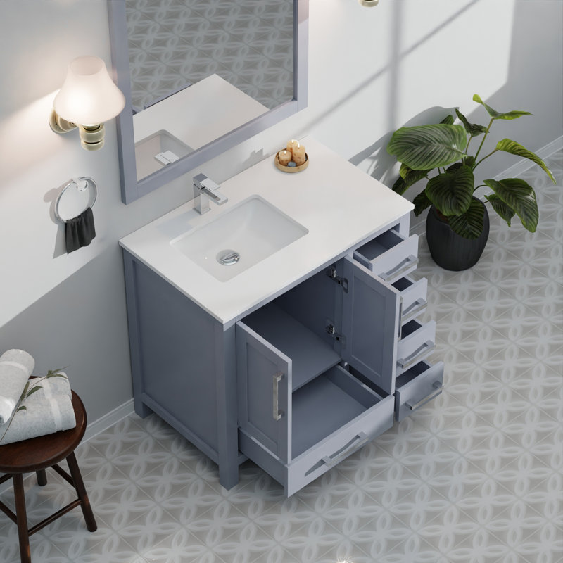 Meuble-lavabo décalé avec comptoir en quartz et miroirs, Gris foncé