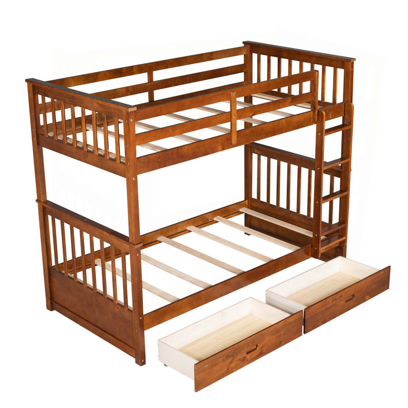 Twin-Over-Twin Bunk Bed With Ladders And Two Storage Drawers, Walnut