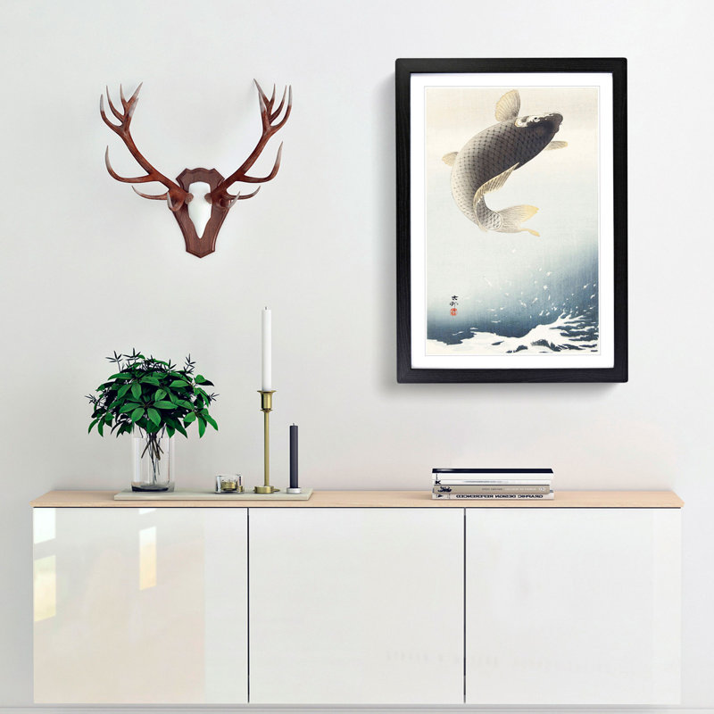 Jumping Carp Fish by Ohara Koson - Picture Frame Art Print, 48cm H x 36cm W x 2cm D, Black Framed