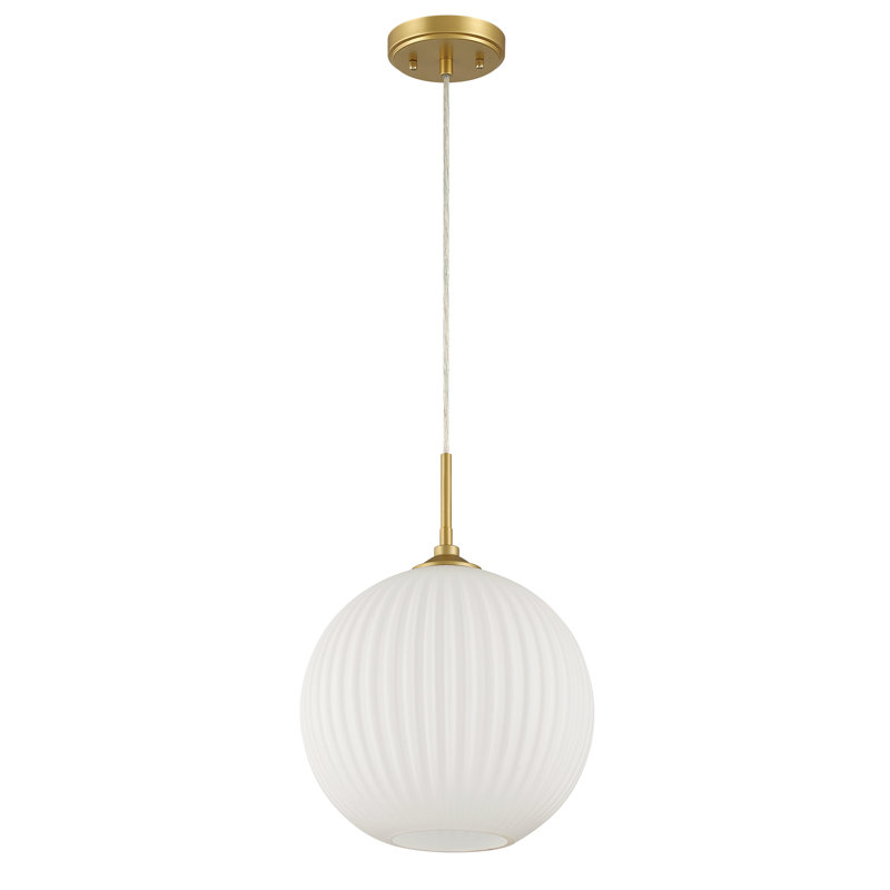 1 - Light Ribbed Frosted Glass Globe Pendant Light, Gold