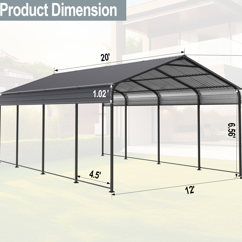 Heavy Duty Metal Garage 1220 Ft - Galvanized Steel Roof & Frame Gray Canopy Rust-