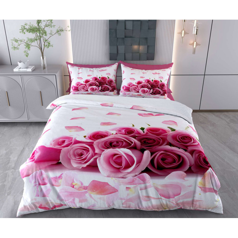 Ensemble de housse de couette, Housse de couette pour lit simple + 1 taie d'oreil, Rose / blanc floral 2