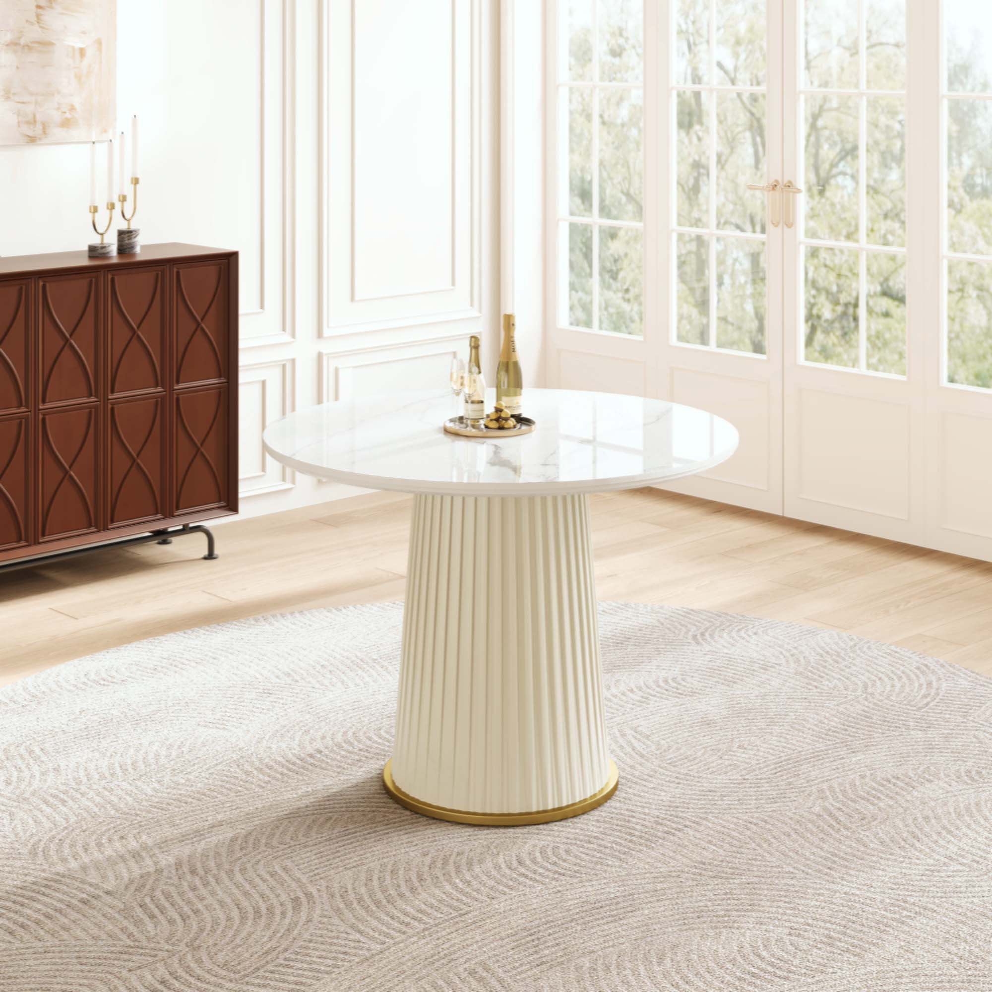 George Oliver Modern Round Dining Table, Glossy Sintered Stone Top With ...