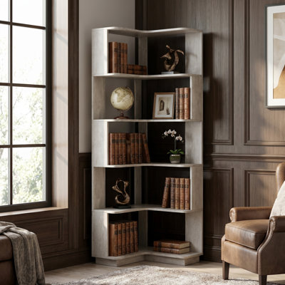 Bibliothèque en coin à 6 niveaux en forme de L - rouge foncé, H 64,6 ", anti-chute et dispositif anti-basculement - Bibliothèque en bois autoportante pour le salon, la chambre à coucher ou le bureau personnel - Présentoir de coin peu encombrant