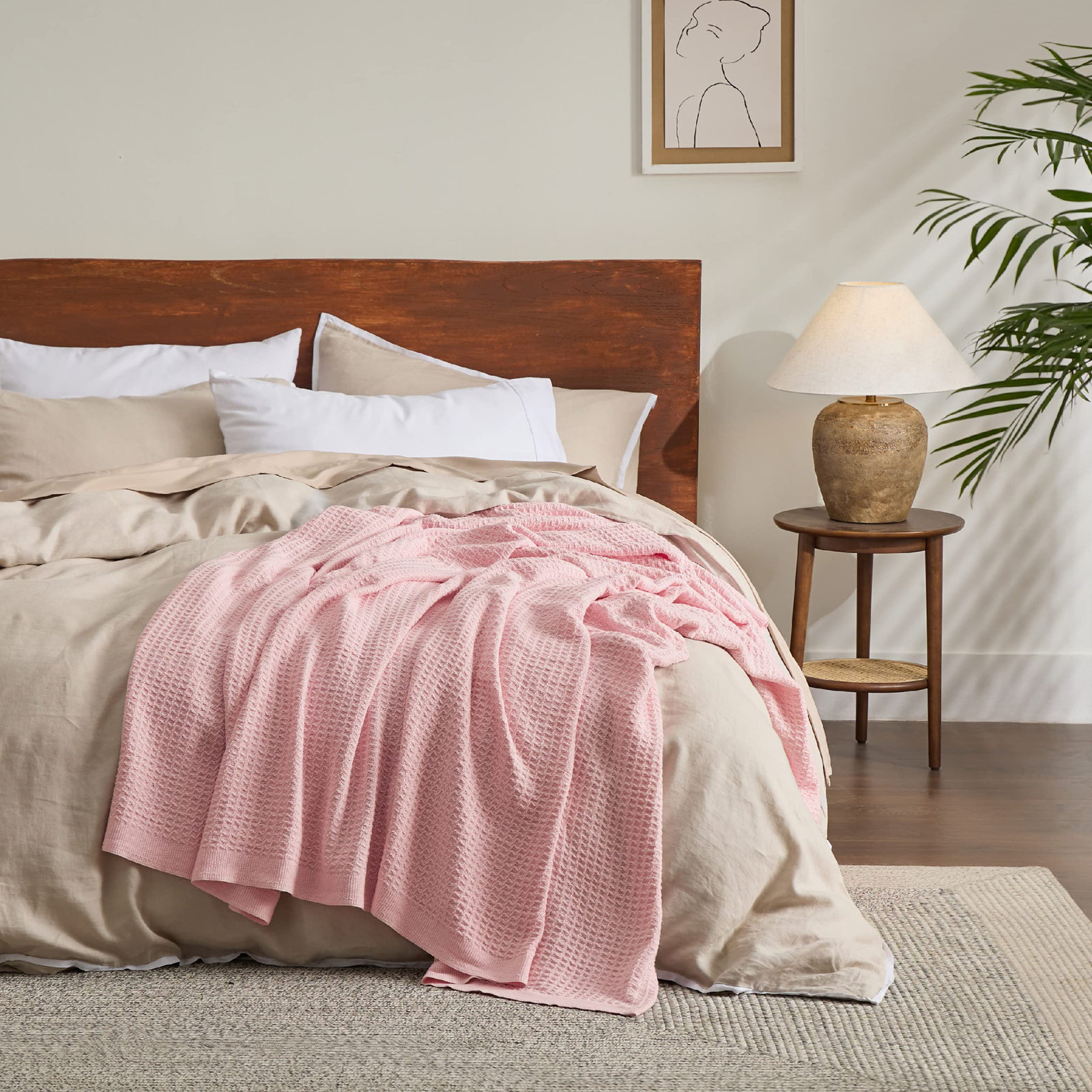 Bedsure Cotton Waffle Weave Throw Blanket, Queen, Pink