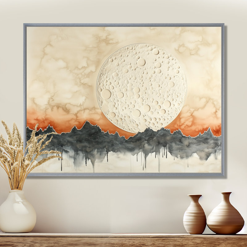 «Moon of Quiet Reflection I - Beige japonais», art mural sur toile, Encadrement argenté, 16" H x 32" W