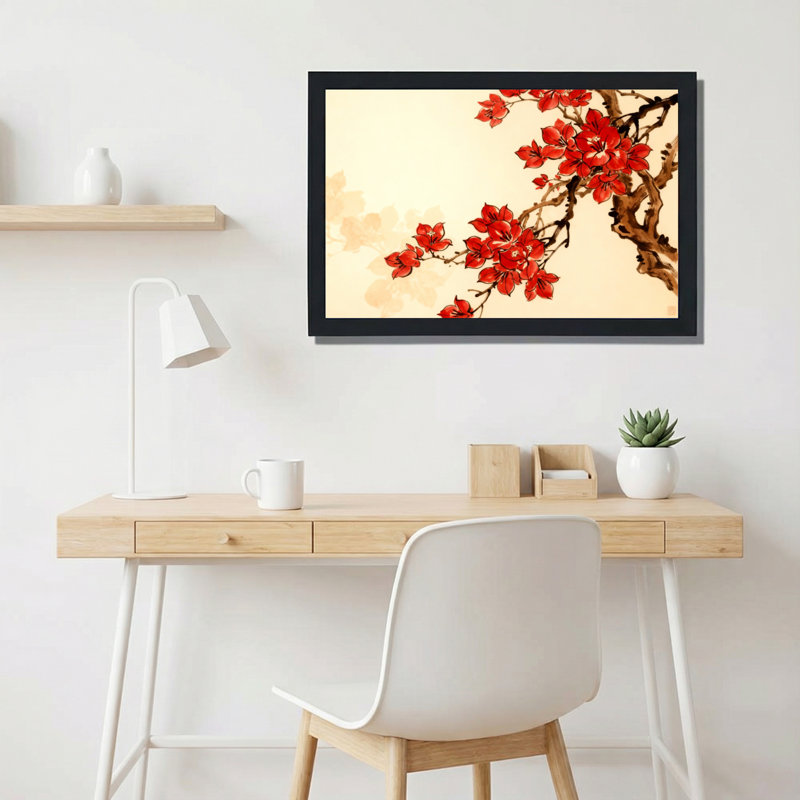 Tableau sur toile de style oriental avec fleurs de prunier rouges, H 16 po x l 24 po