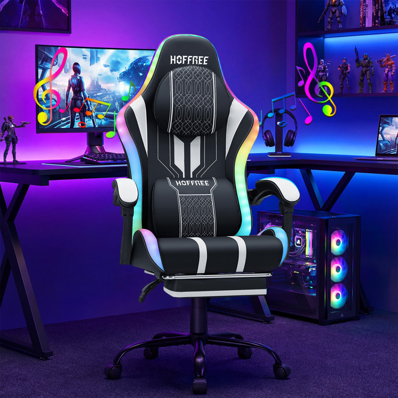 HOFFREE Fauteuil de jeu à DEL avec haut-parleurs et fauteuil de jeu vidéo massant pour 400 lb avec repose-pieds, Noir / blanc